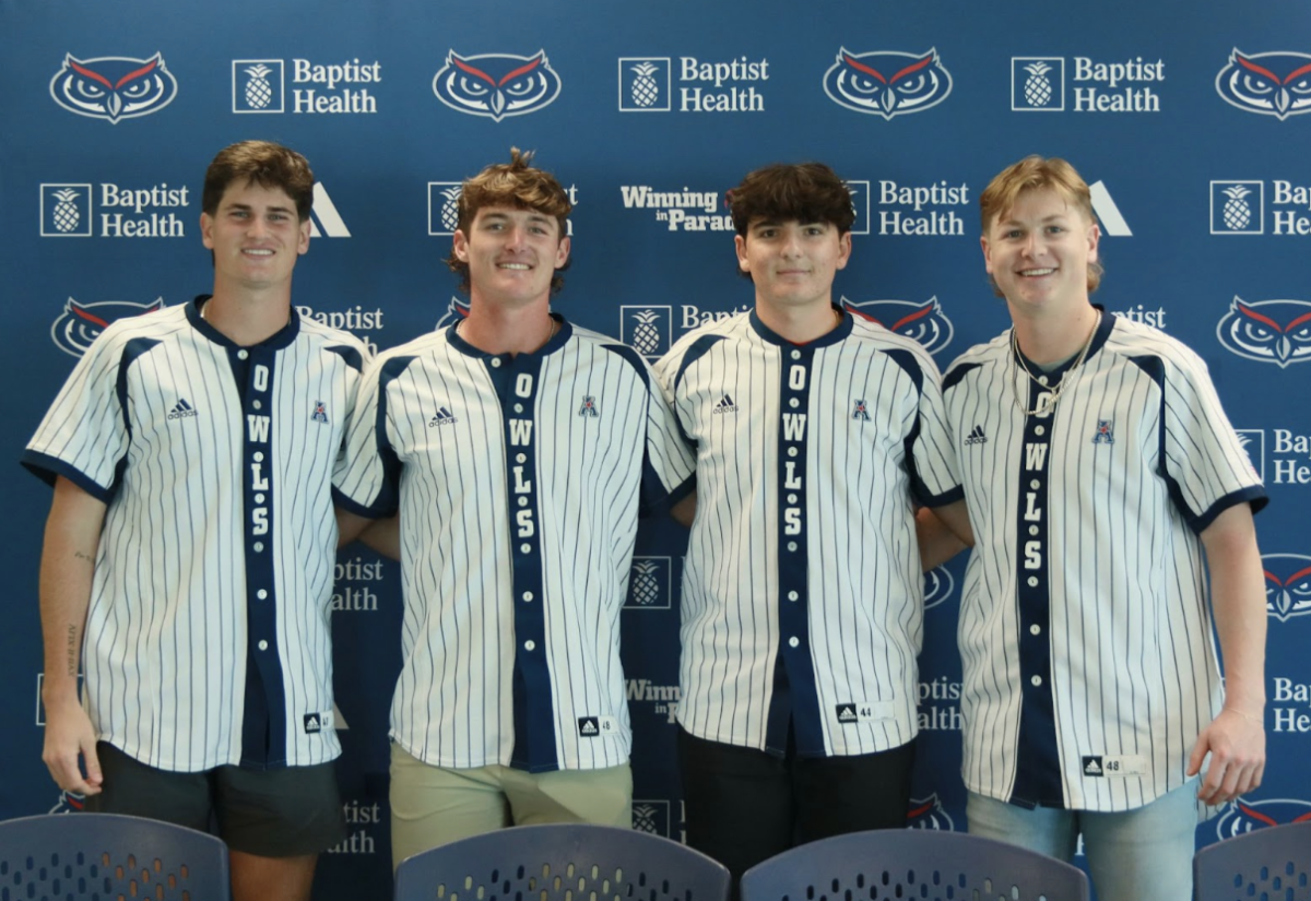 From left to right, Trey Beard, John Schroeder, James Litman and Marshall Lipsey at FAU baseball’s 2025 Media Day.